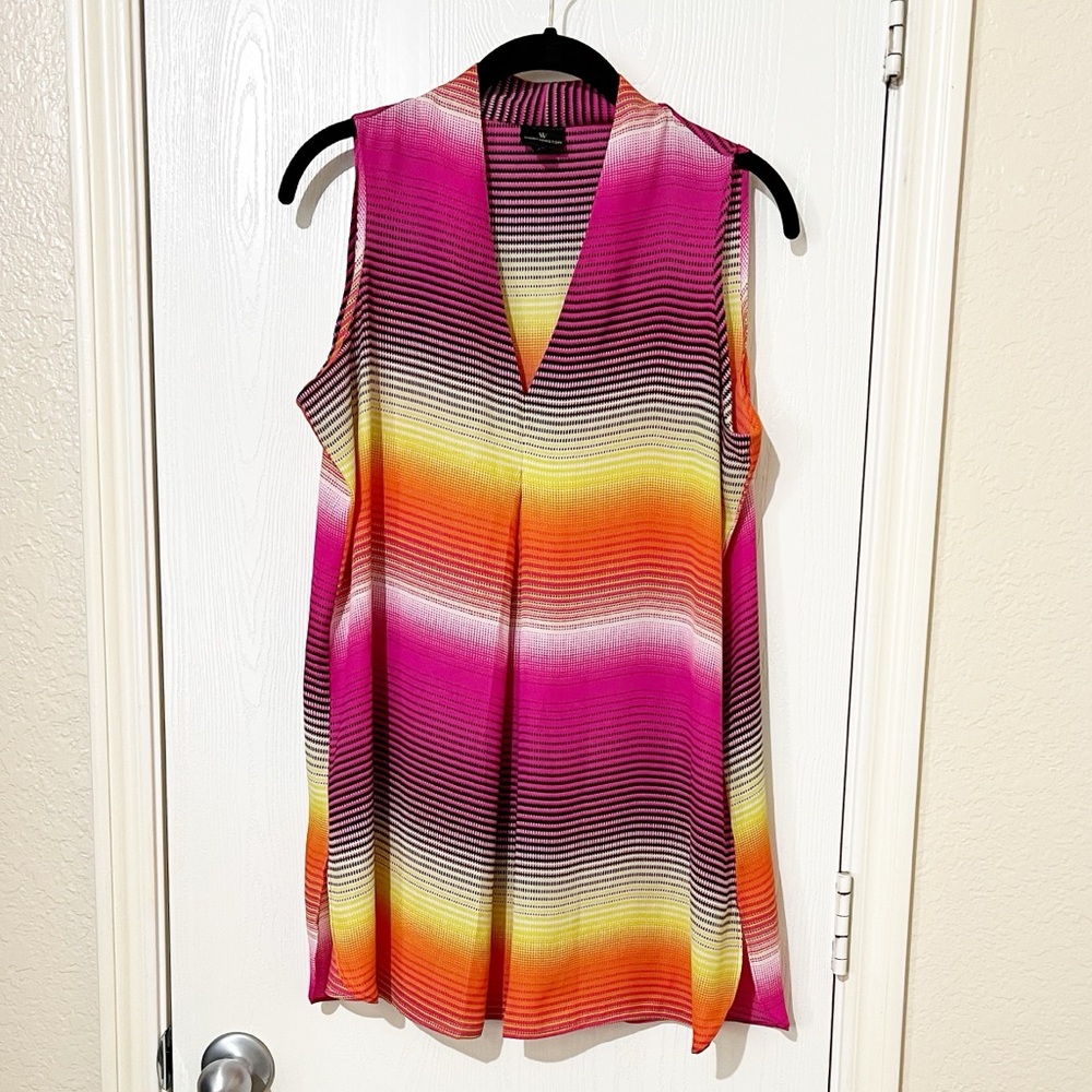 Worthington Multicolor V-Neck Popover Top Beachy Vacation Summery Resort Medium